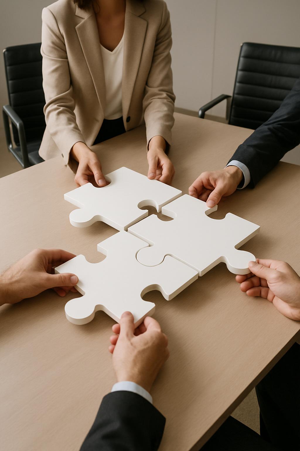 A business team putting together a white puzzle in an office setting.
